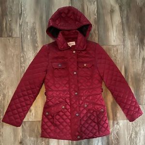 Women’s Calvin Klein Dark Red Hooded Quilted Mid Length SZ PS Zip & Snap Coat